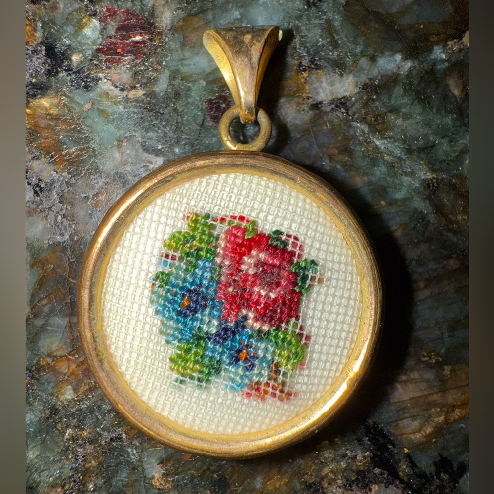 Vintage Hand Embroidered Micro Needlepoint Rose Pendant On BrassPortrait Jewelry